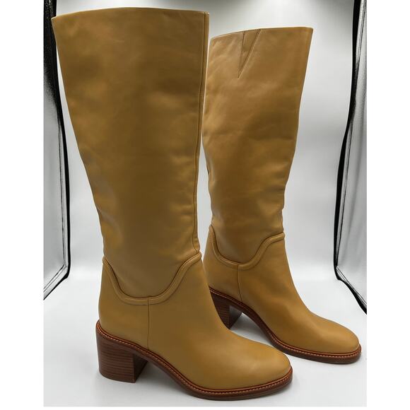 Vince Tan Leather Block Heeled Kendra Boots Italian Leather Women's Size 9.5M - Picture 1 of 6